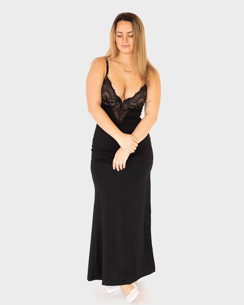 Robe Longue Dentelle Col V avec Gainant Intégré et Fente