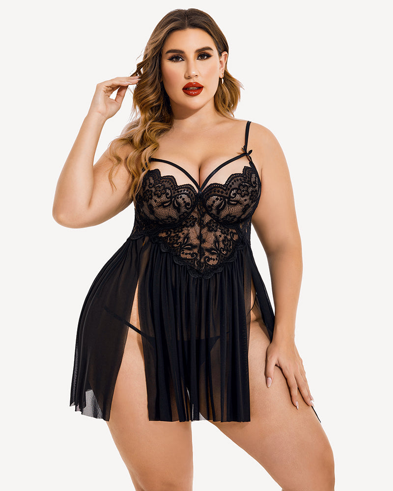 Große Größen V-Ausschnitt Tüll Seitenschlitz Babydoll