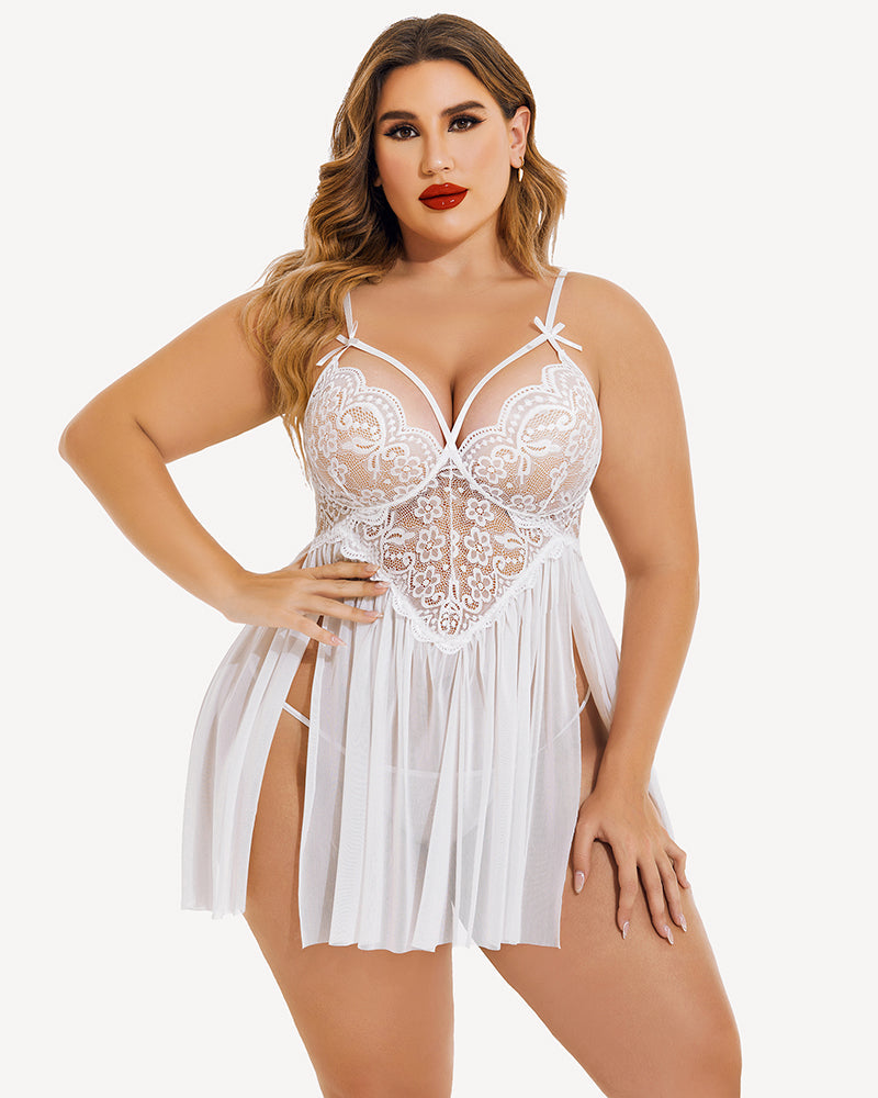 Große Größen V-Ausschnitt Tüll Seitenschlitz Babydoll