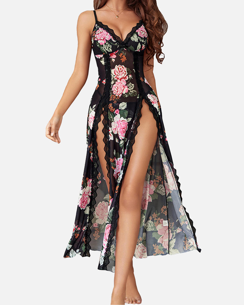 Negligee aus Mesh mit V-Ausschnitt und Seitenschlitz