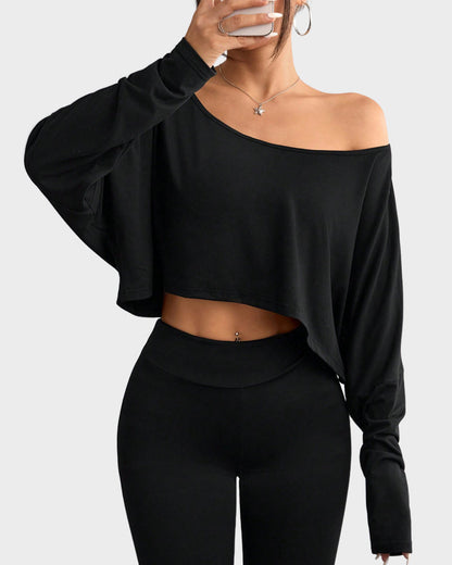 Casual Off-Shoulder Asymmetrical Long-Sleeve Crop Top
