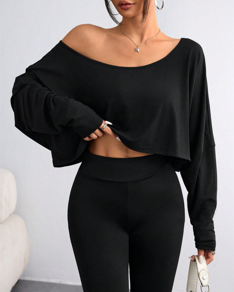 Casual Off-Shoulder Asymmetrical Long-Sleeve Crop Top
