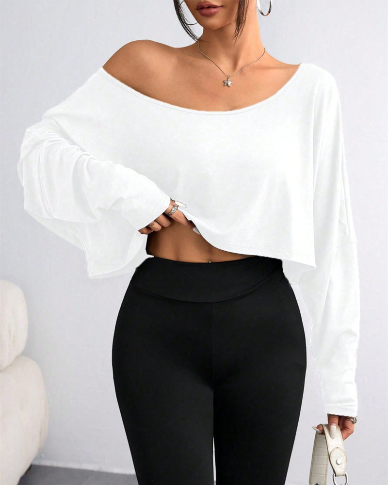 Casual Off-Shoulder Asymmetrical Long-Sleeve Crop Top