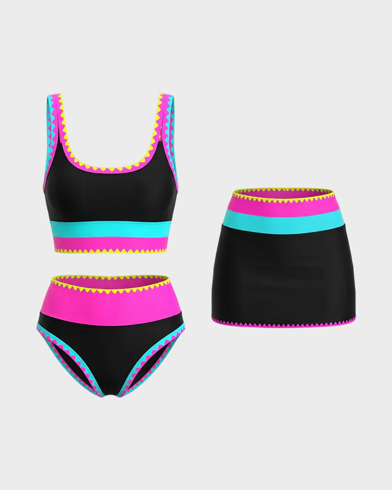 Sporty Color Block 3-Piece Bikini in Nylon