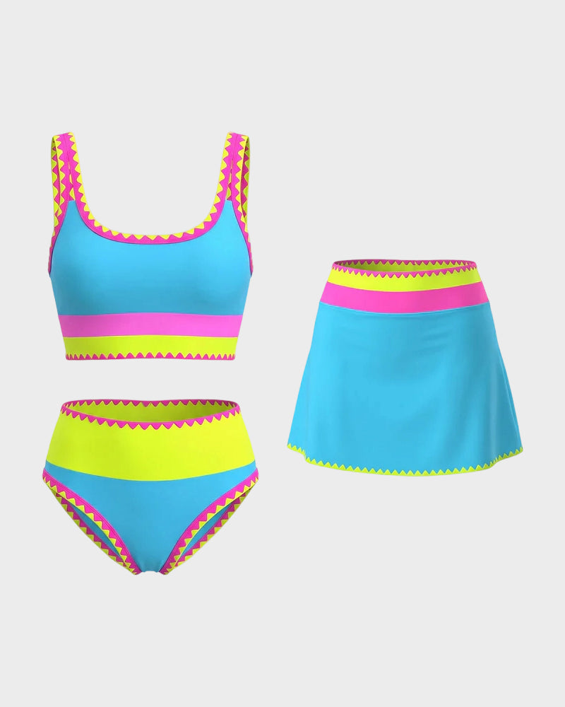 Sporty Color Block 3-Piece Bikini in Nylon