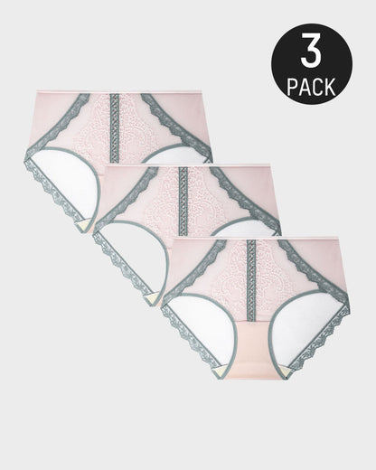 Antibacterial Mulberry Silk Mid-Waist Lace-Panel Panties (Set of 3)