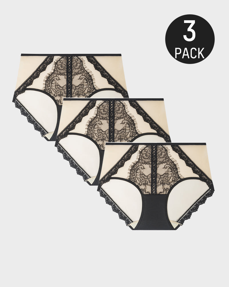 Antibacterial Mulberry Silk Mid-Waist Lace-Panel Panties (Set of 3)