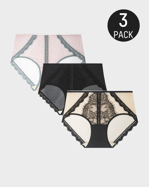 Antibacterial Mulberry Silk Mid-Waist Lace-Panel Panties (Set of 3)