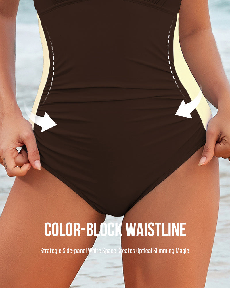 Badeanzug Retro Color Block Volle Bedeckung