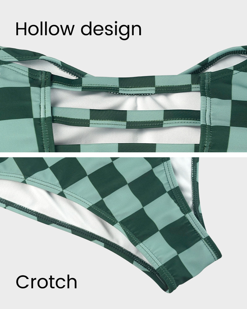 Green Check Short-Sleeve Modest One-Piece Swimsuit