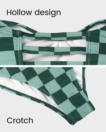 Green Check Short-Sleeve Modest One-Piece Swimsuit