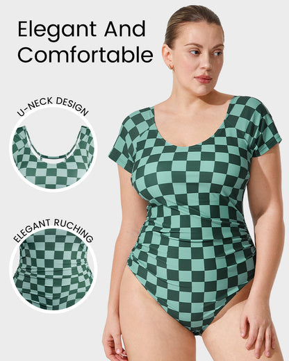 Green Check Short-Sleeve Modest One-Piece Swimsuit