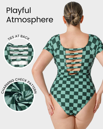 Green Check Short-Sleeve Modest One-Piece Swimsuit