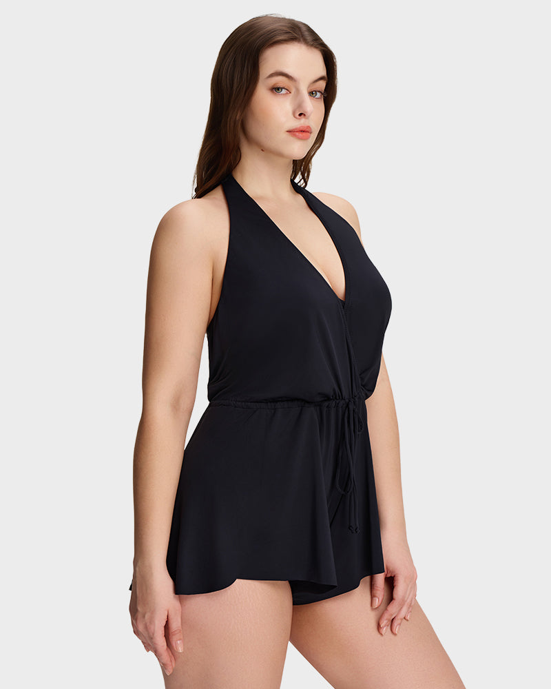 SculptSkin™ AirLift — V-Neck Halter Tummy-Control Swim Romper