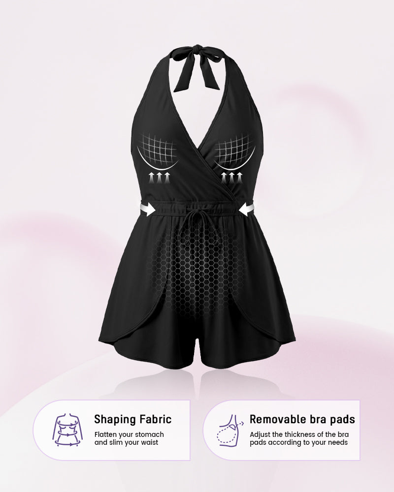 SculptSkin™ AirLift — V-Neck Halter Tummy-Control Swim Romper