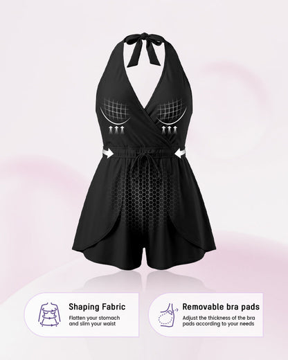 SculptSkin™ AirLift — V-Neck Halter Tummy-Control Swim Romper
