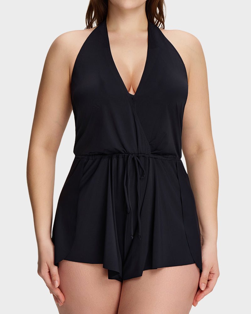 SculptSkin™ AirLift — V-Neck Halter Tummy-Control Swim Romper