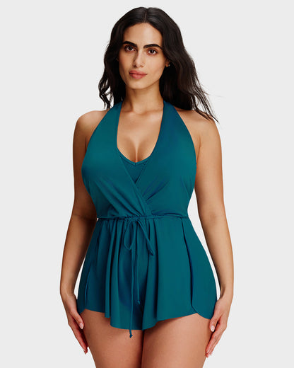 SculptSkin™ AirLift — V-Neck Halter Tummy-Control Swim Romper