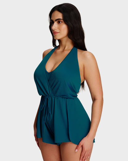 SculptSkin™ AirLift — V-Neck Halter Tummy-Control Swim Romper