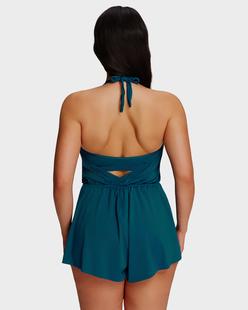 SculptSkin™ AirLift — V-Neck Halter Tummy-Control Swim Romper