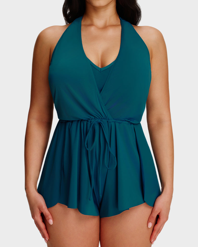 SculptSkin™ AirLift — V-Neck Halter Tummy-Control Swim Romper
