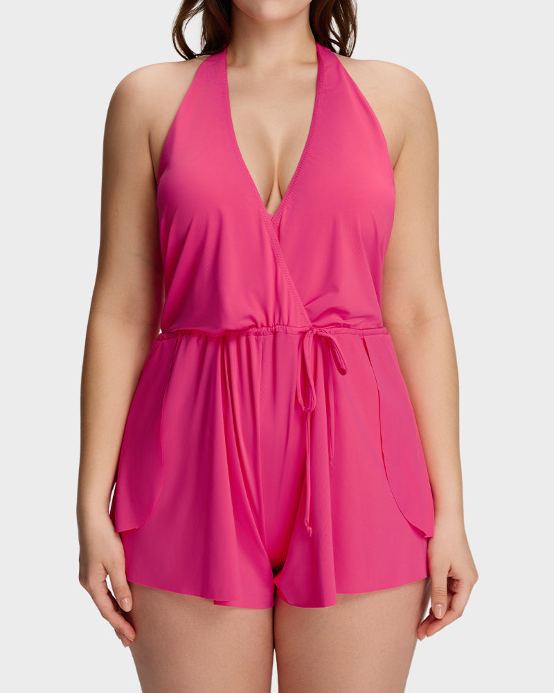 SculptSkin™ AirLift — V-Neck Halter Tummy-Control Swim Romper