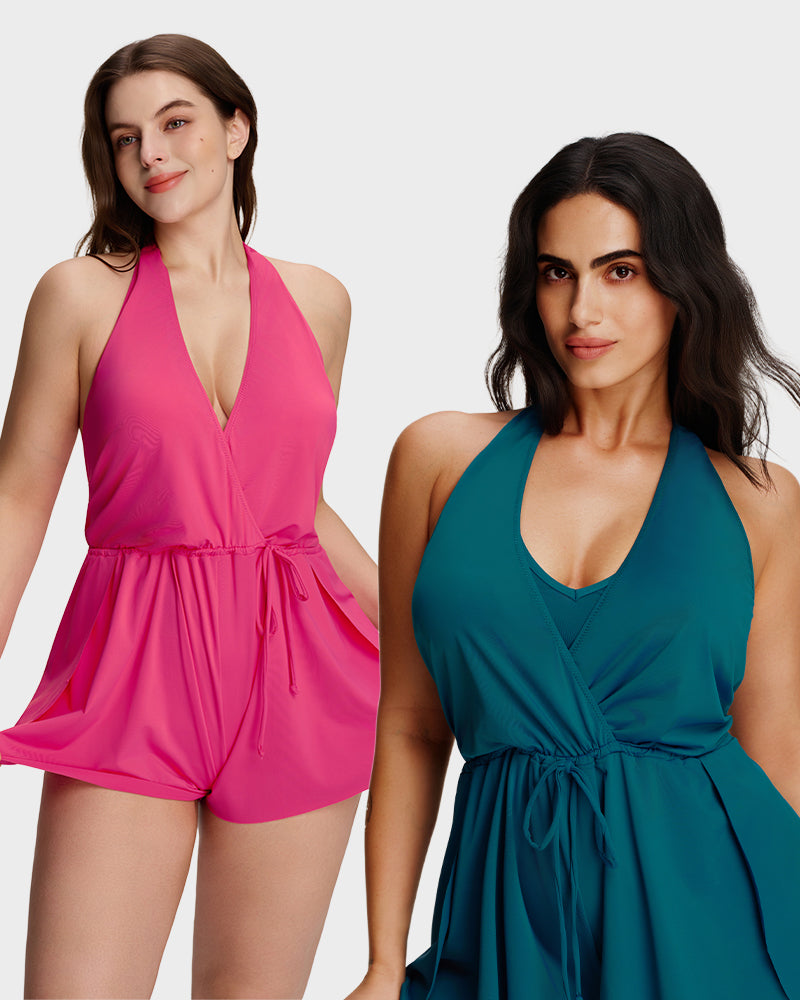 SculptSkin™ AirLift — V-Neck Halter Tummy-Control Swim Romper