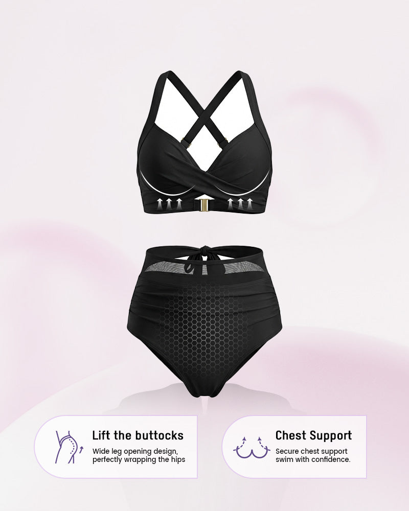 High-Waisted Tummy-Control Mesh-Panel Bikini Set