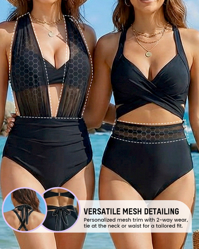 High-Waisted Tummy-Control Mesh-Panel Bikini Set