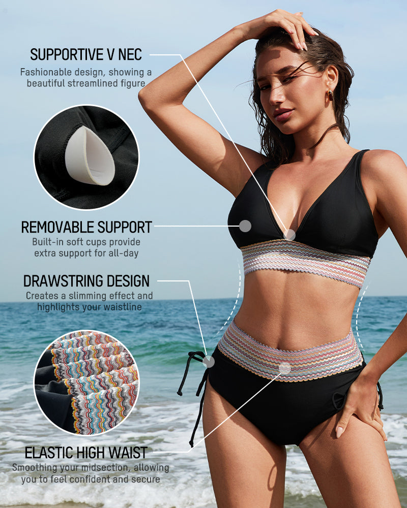 High-Waisted Color Block Tummy Control Bikini