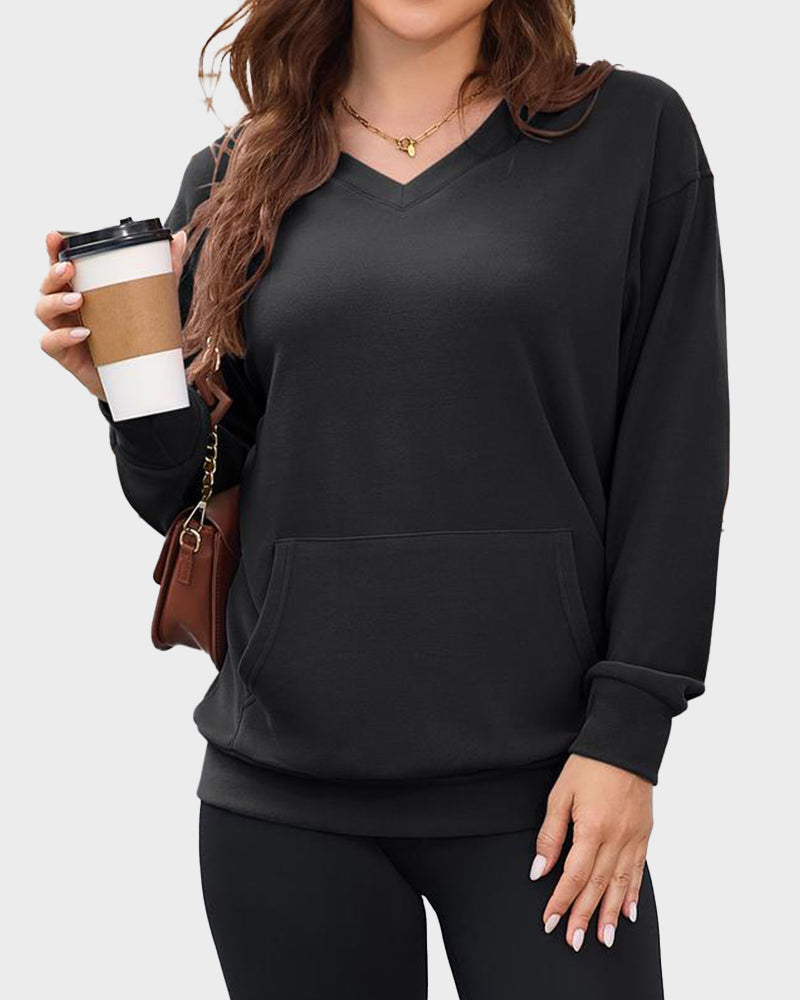 Oversize-Sweatshirt mit V-Ausschnitt und Fleece-Futter, ohne Kapuze
