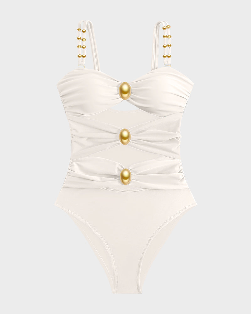 Maillot Une Pièce Drapé avec Perles Dorées et Découpes