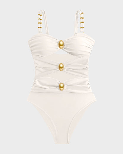 Maillot Une Pièce Drapé avec Perles Dorées et Découpes