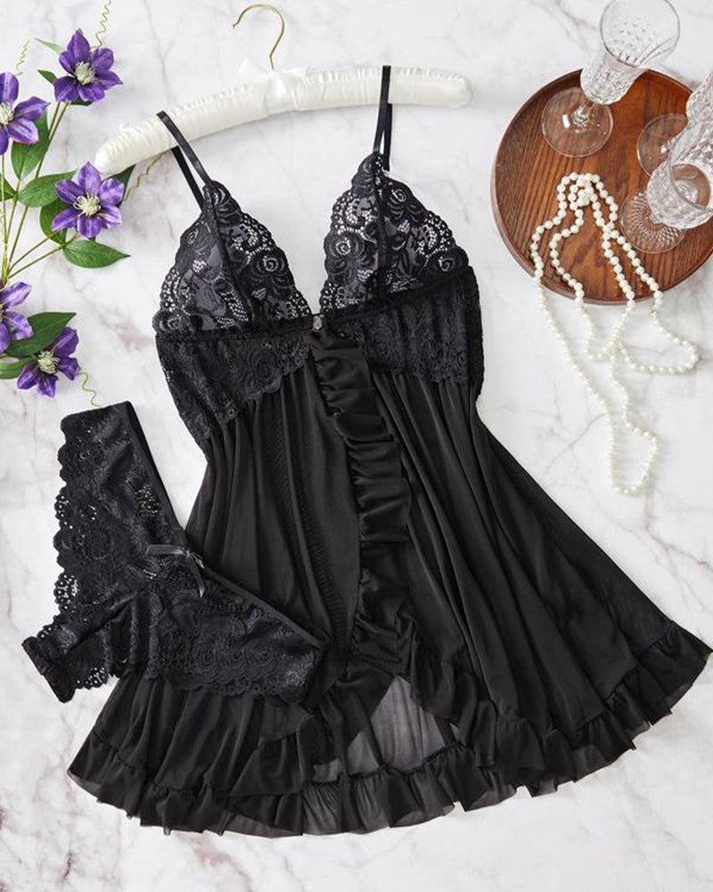 Lace & Sheer Mesh Nightgown Set