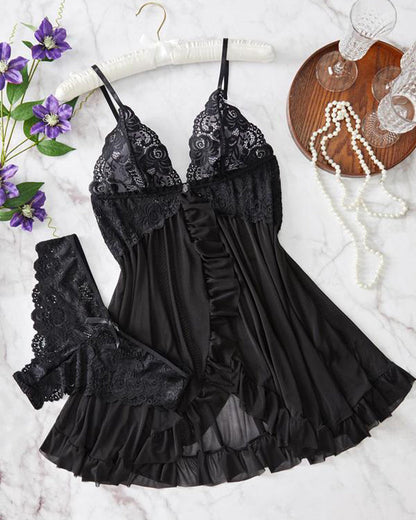 Lace & Sheer Mesh Nightgown Set
