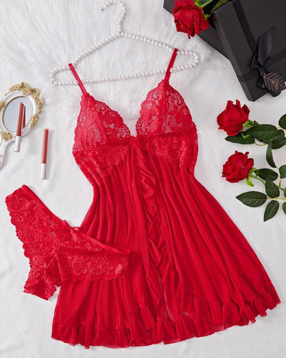 Lace & Sheer Mesh Nightgown Set