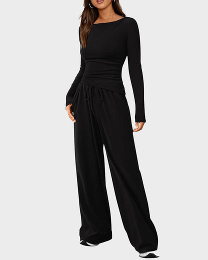2-Piece Lounge Set: Long-Sleeve Tee and Wide-Leg Pants