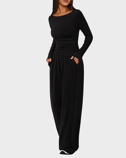 2-Piece Lounge Set: Long-Sleeve Tee and Wide-Leg Pants
