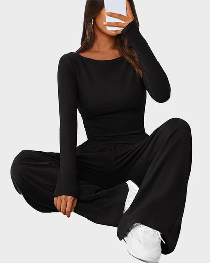 2-Piece Lounge Set: Long-Sleeve Tee and Wide-Leg Pants