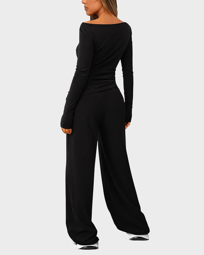 2-Piece Lounge Set: Long-Sleeve Tee and Wide-Leg Pants