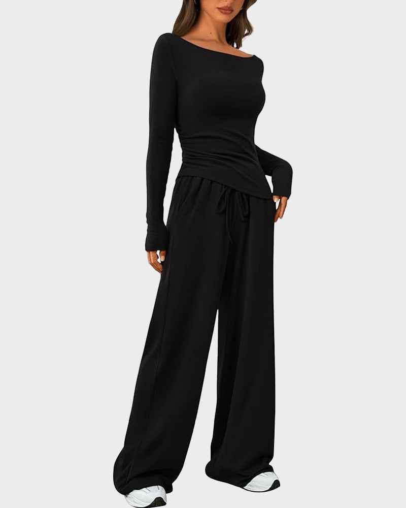 2-Piece Lounge Set: Long-Sleeve Tee and Wide-Leg Pants