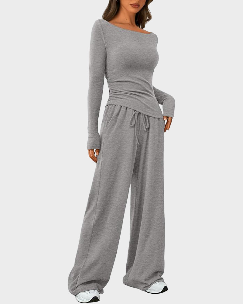 2-Piece Lounge Set: Long-Sleeve Tee and Wide-Leg Pants
