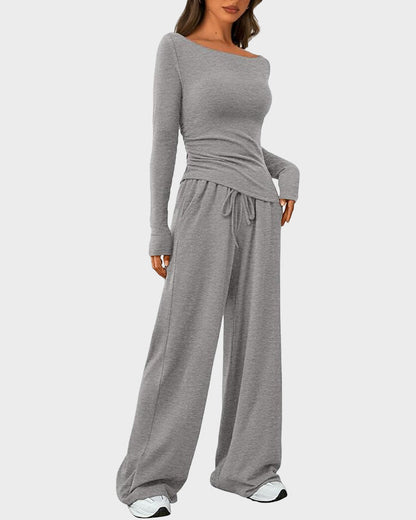 2-Piece Lounge Set: Long-Sleeve Tee and Wide-Leg Pants