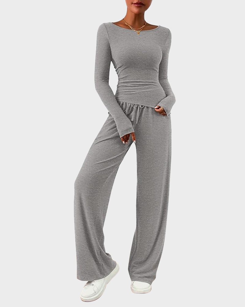 2-Piece Lounge Set: Long-Sleeve Tee and Wide-Leg Pants