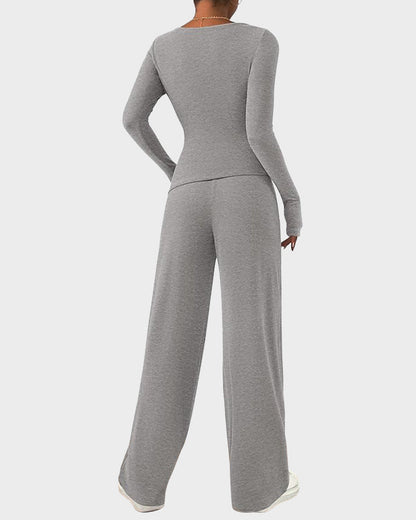 2-Piece Lounge Set: Long-Sleeve Tee and Wide-Leg Pants