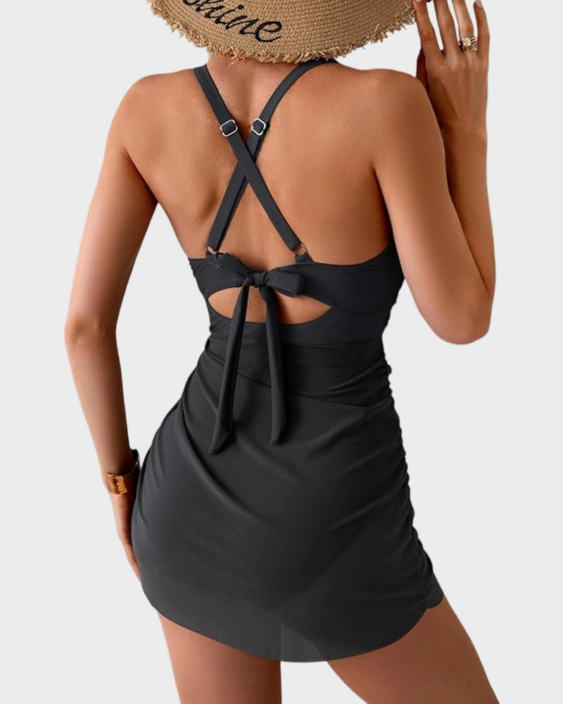 Mesh Cutout Tummy-Flattening One-Piece Swim Dress