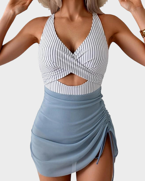 Mesh Cutout Tummy-Flattening One-Piece Swim Dress