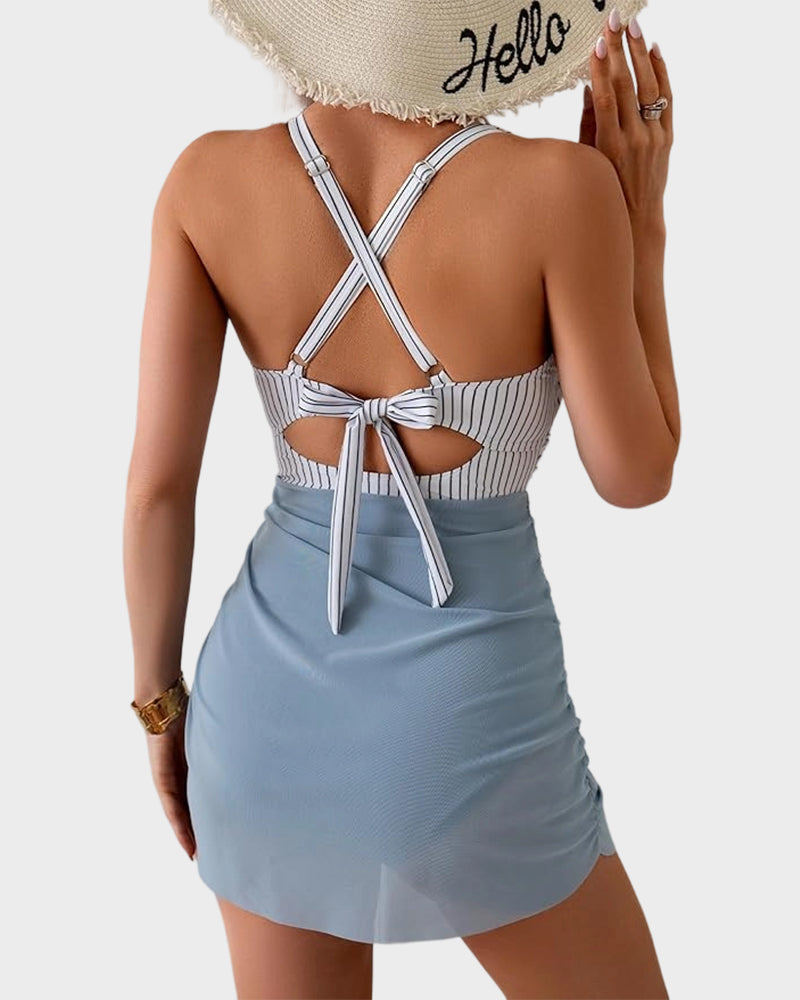 Mesh Cutout Tummy-Flattening One-Piece Swim Dress