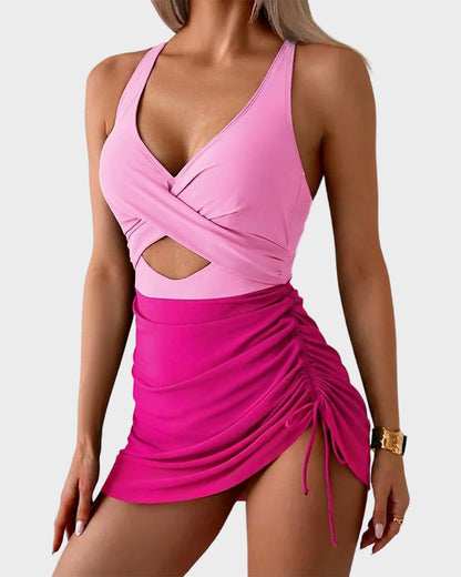 Mesh Cutout Tummy-Flattening One-Piece Swim Dress