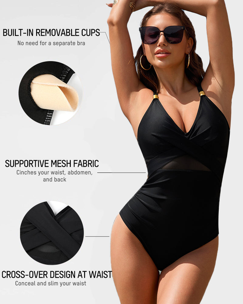 Mesh Panel One-Piece Swimsuit with Metallic Accent